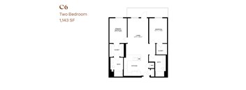 A floor plan of a two bedroom apartment sized 1,143 square feet.