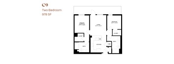 A black and white diagram of a two bedroom 978 square foot house plan.