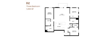 A black and white image of a three bedroom apartment floor plan.