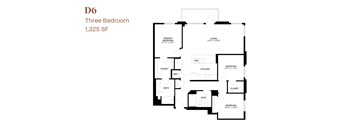 A black and white image of a three bedroom apartment floor plan.