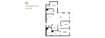 A black and white diagram of a three bedroom apartment.