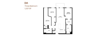 A black and white image of a three bedroom apartment floor plan.
