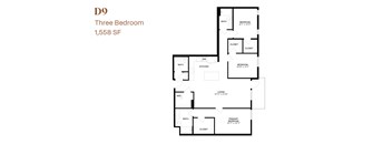 A black and white diagram of a three bedroom apartment.