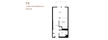 A floor plan of a one bedroom apartment with a living area, kitchen, bathroom and bedroom.
