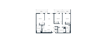 A floor plan of a house with two bedrooms, a living room, a dining room, a kitchen, a bathroom, and a closet.