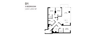 A black and white image of a 3 bedroom apartment floor plan.