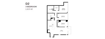 A black and white image of a 3 bedroom apartment floor plan.