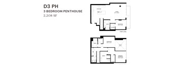 A black and white image of a 3 bedroom penthouse floor plan.