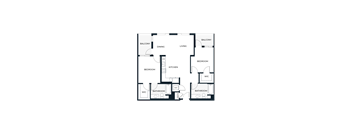 A floor plan of a house with two bedrooms, a living room, a dining room, a kitchen, and two bathrooms.