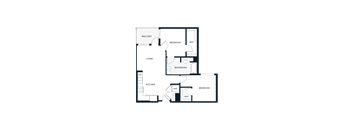 A floor plan of a house with a living room, kitchen, two bedrooms, a bathroom, and a balcony.
