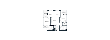 A floor plan of a house with two bedrooms, a living room, a dining room, a kitchen, a bathroom, a closet, and a balcony.