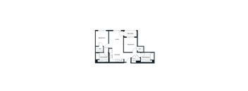 A floor plan of a house with two bedrooms, a living room, a kitchen, two bathrooms, and a balcony.