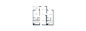 A floor plan of a house with two bedrooms, a living room, a dining room, a kitchen, two bathrooms, and a deck.