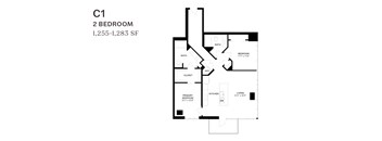 A floor plan of a 2 bedroom apartment sized between 1,255 and 1,283 square feet.