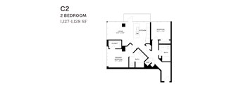 A black and white image of a floor plan for a 2 bedroom apartment.