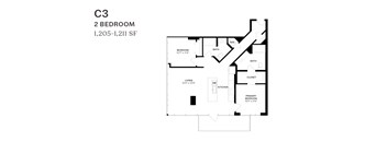 A floor plan of a 2 bedroom apartment at 1,205-1,211 SF.