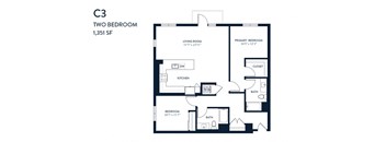 A black and white image of a two bedroom apartment floor plan.
