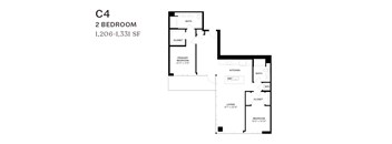 A black and white image of a floor plan for a 2 bedroom apartment.