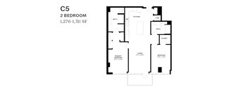 A black and white image of a floor plan for a 2 bedroom apartment.