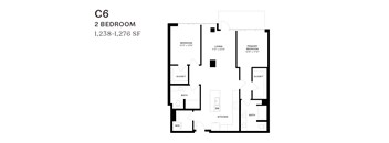 A black and white image of a floor plan for a 2 bedroom apartment.