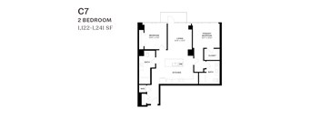 A black and white image of a floor plan for a 2 bedroom apartment.