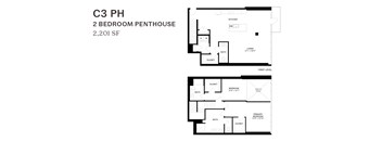 A black and white image of a 2 bedroom penthouse apartment.