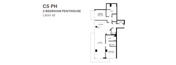 A floor plan of a penthouse apartment with two bedrooms and two bathrooms.