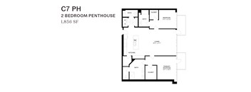 A black and white image of a 2 bedroom penthouse floor plan.