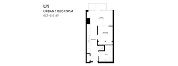A floor plan of a U1 Urban 1 Bedroom apartment at 613-616 SF.