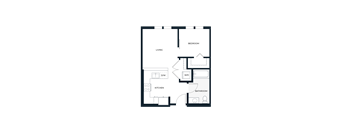 A floor plan of a house with a living room, kitchen, bedroom, and bathroom.