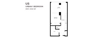 A floor plan of a U5 Urban 1 Bedroom apartment at 683-694 SF.
