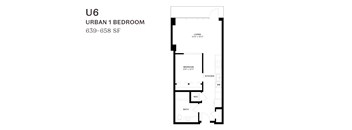 A floor plan of a U6 Urban 1 Bedroom apartment at 639-658 SF.