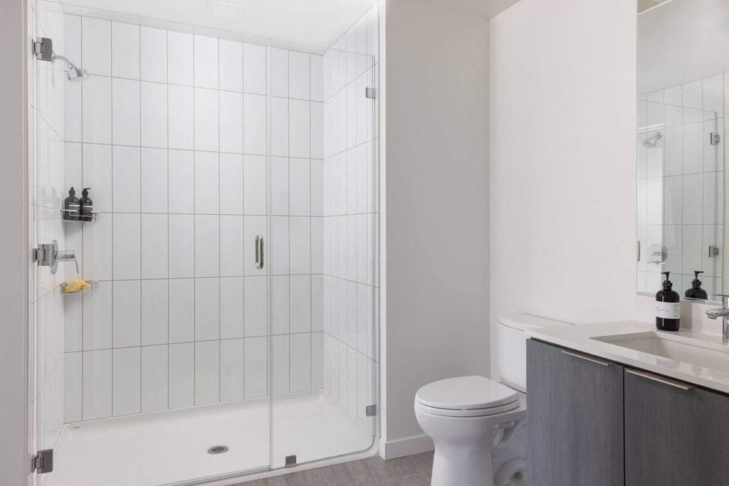 a white bathroom with a shower and a toilet