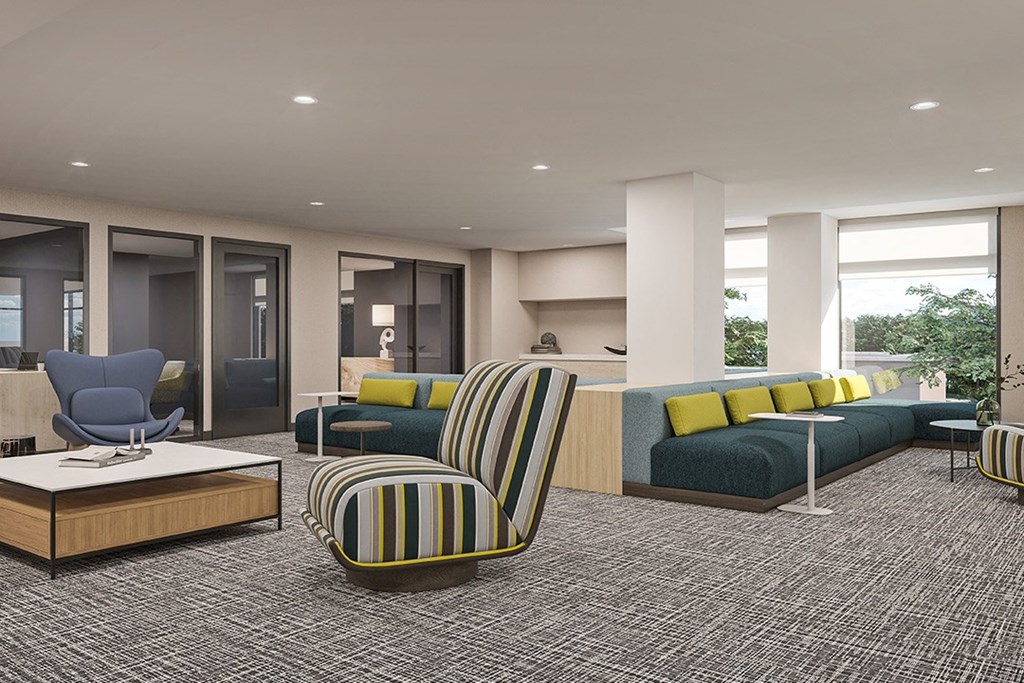 a rendering of a lobby with couches and chairs