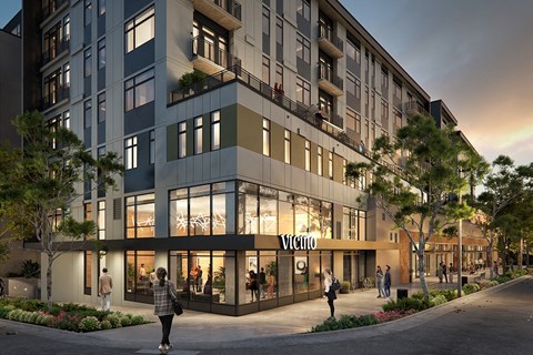 a rendering of a building with people walking in front of it