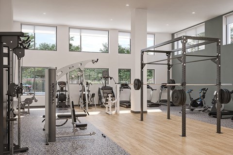 a gym with a lot of exercise equipment and windows