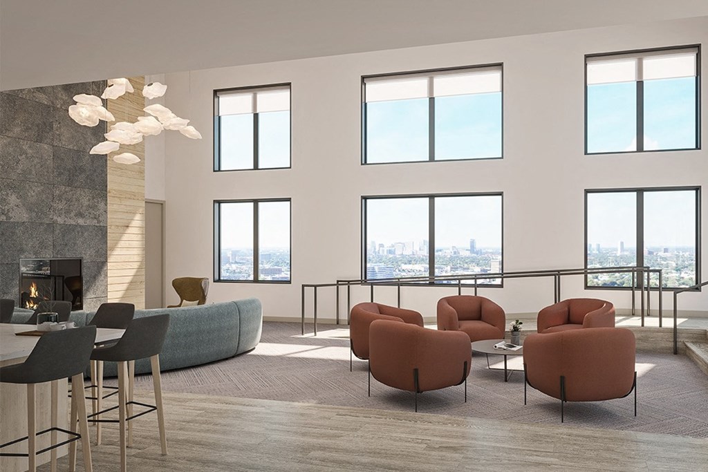 a rendering of a living room with couches and chairs and a fireplace