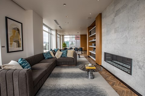A modern living room with a grey couch and a fireplace.
