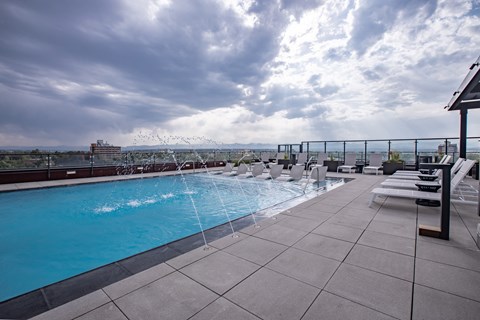 Rooftop pool with views.