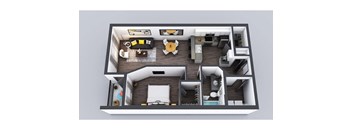 A 3D floor plan of a house with a living room, kitchen, and two bedrooms.