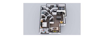 A top-down view of a small apartment layout with a kitchen, living room, and bedrooms.