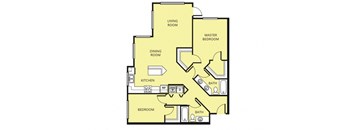 A floor plan of a house with a living room, dining room, kitchen, and two bedrooms.