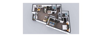 A 3D floor plan of a house with a kitchen, living room, and bathrooms.