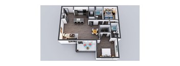 A 3D floor plan of a house showing a living room, kitchen, dining area, and bedrooms.