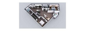 A 3D floor plan of a house with a kitchen, living room, and bedrooms.