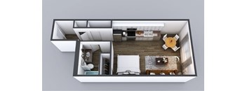 A top-down view of a modern apartment with a kitchen, living room, and bedroom.