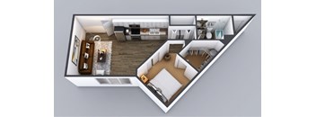A 3D floor plan of a house showing a living room, kitchen, dining room, and bedrooms.