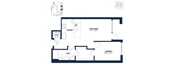 A floor plan of an apartment with a living room, kitchen, bedroom and bathroom.