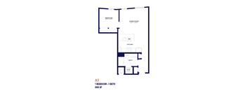 A blueprint of a one bedroom apartment with a bath.