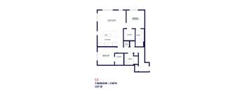 A blueprint of a 2 bedroom, 2 bath apartment sized 1,127 square feet.